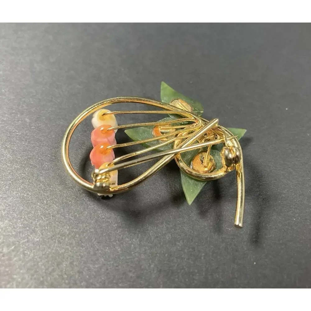 Vintage Faux Jade & Coral White Carved Rose Buds Gold Tone Pin Brooch
